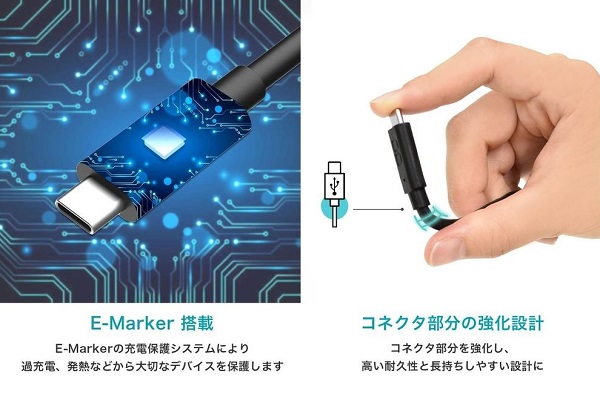 E-Markerチップ・コネクタ強化：USB Type-C to Type-Cケーブル『CIO-CCPD100W-1