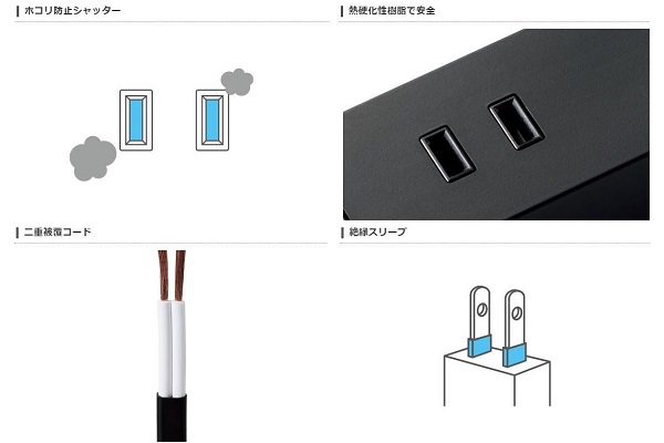 USBポート付きAC電源タップ・様々に施した安全設計